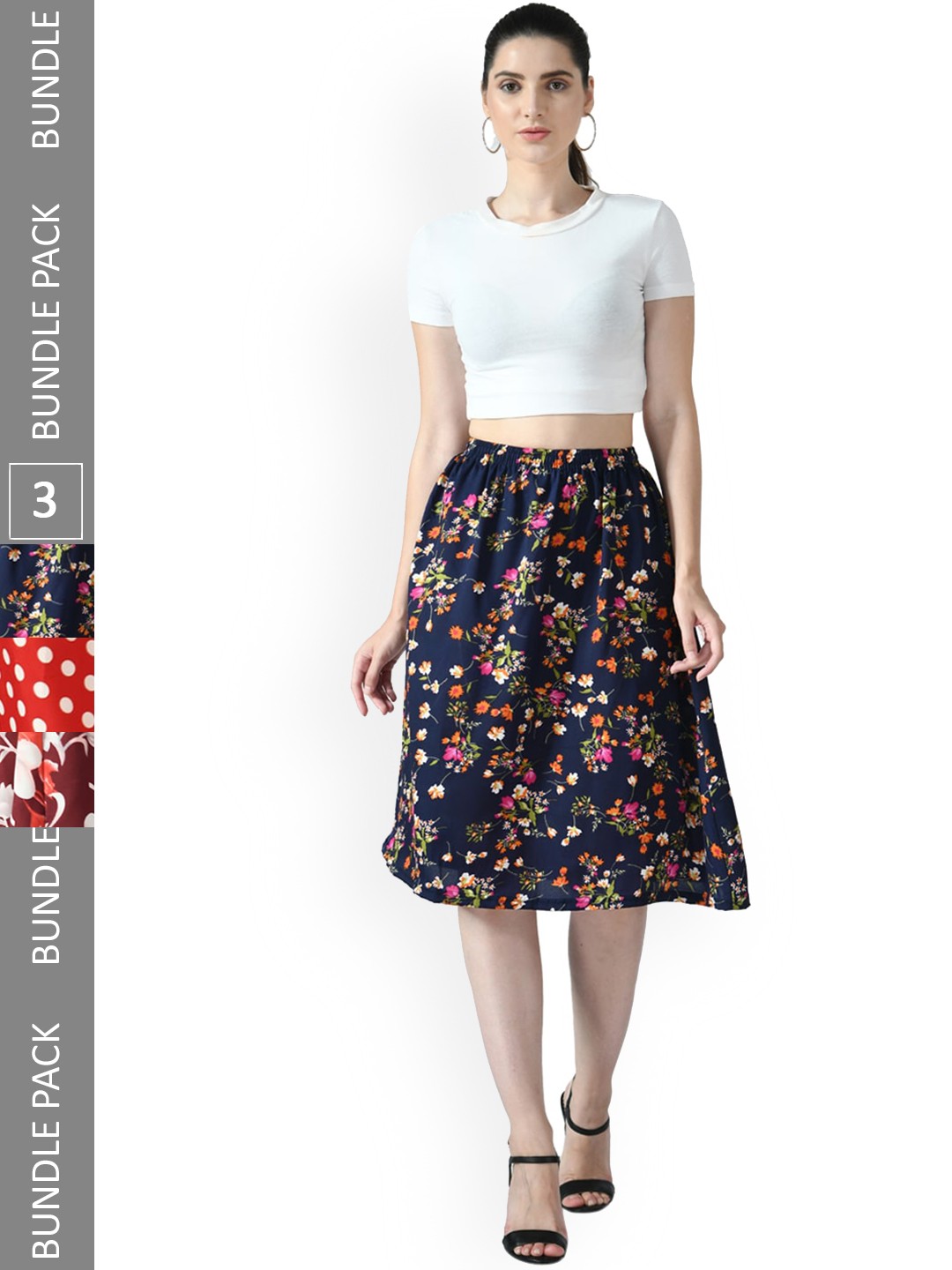 

IndiWeaves Women Pack Of 3 Printed A-Line Midi Skirts, Navy blue