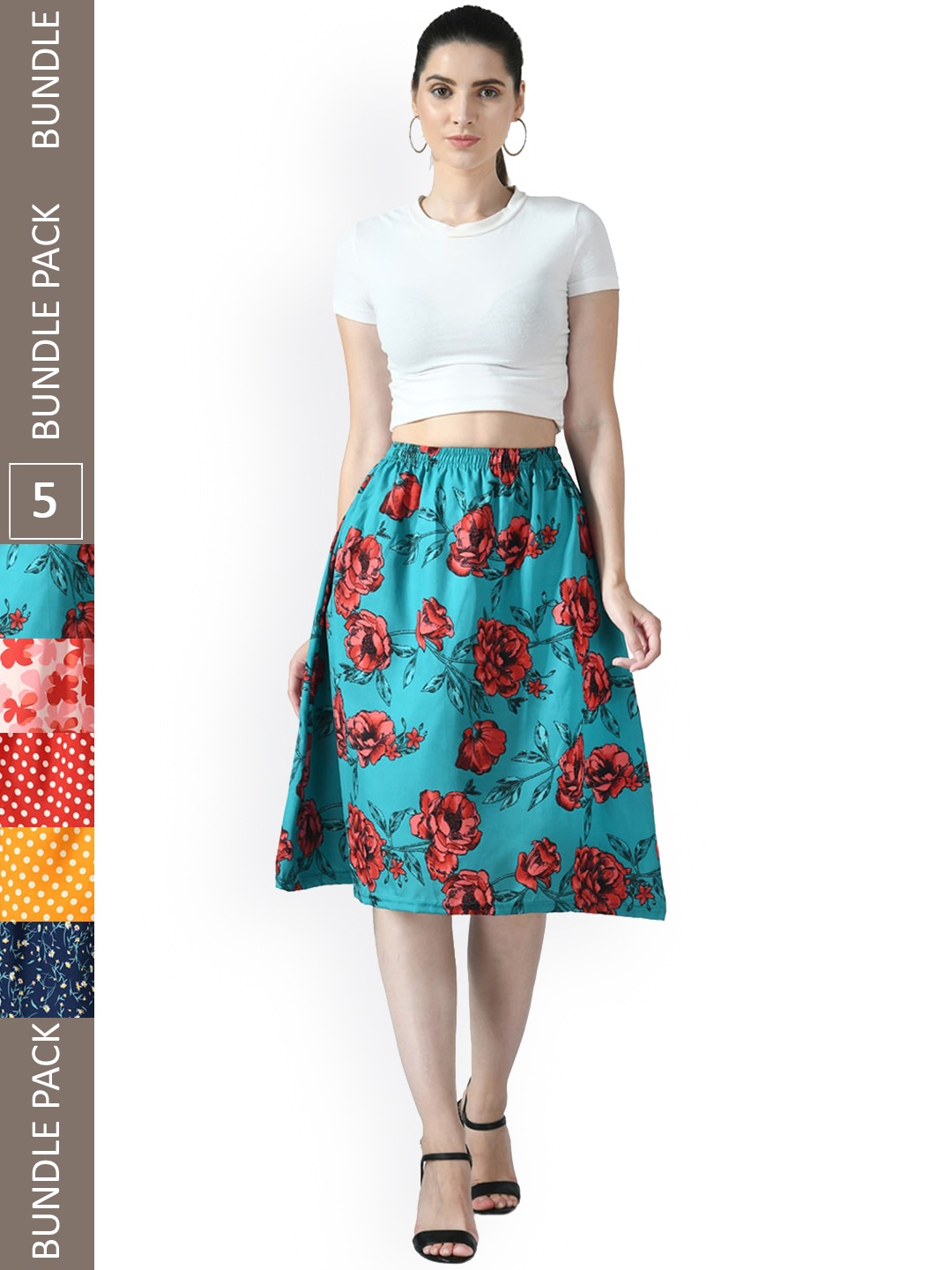 

IndiWeaves Women Pack Of 5 Printed A-Line Midi Skirts, Turquoise blue