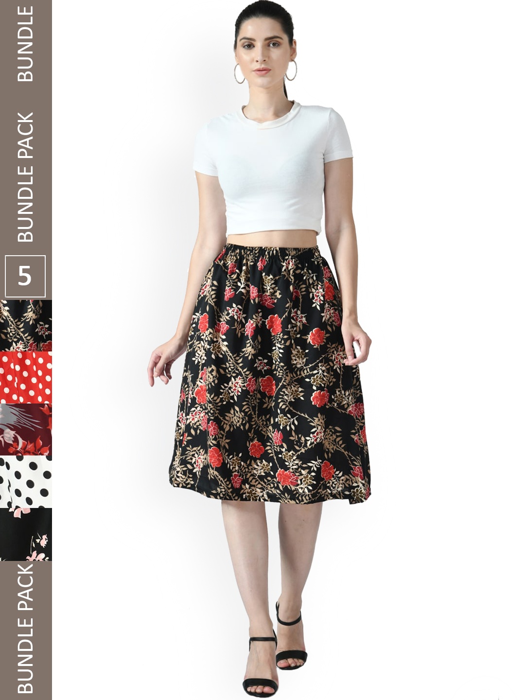 

IndiWeaves Women Pack Of 5 Printed A-Line Midi Skirts, Red
