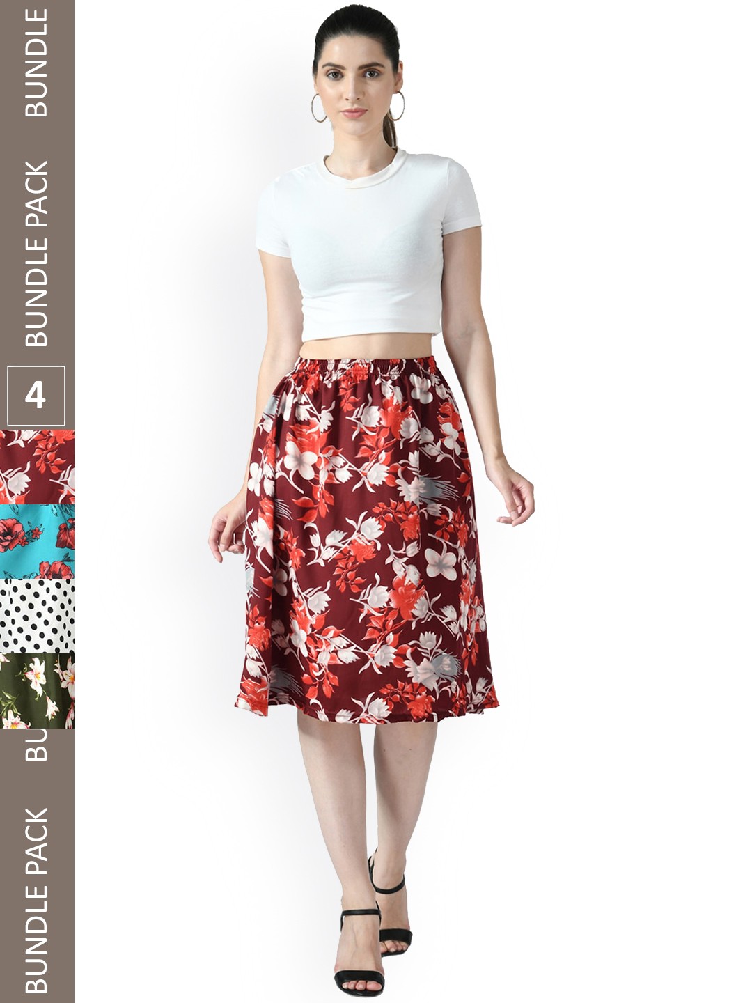 

IndiWeaves Women Pack Of 4 Printed Flared Midi Skirts, Maroon