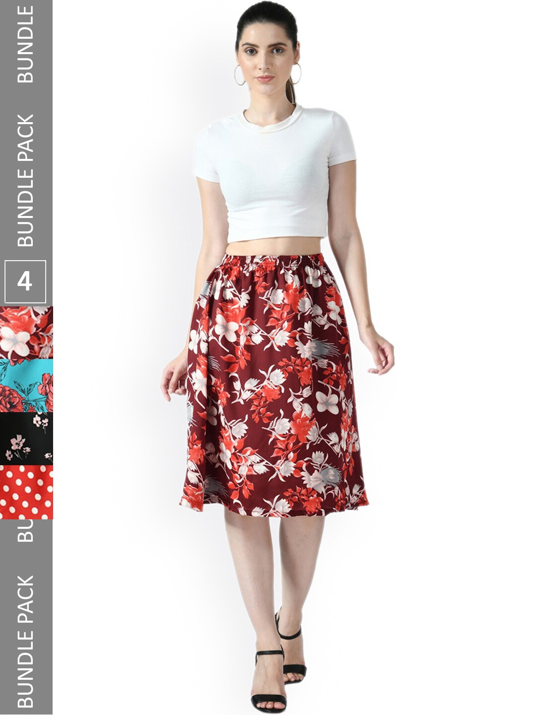

IndiWeaves Pack of 4 Floral Printed Flared Skirts, Turquoise blue