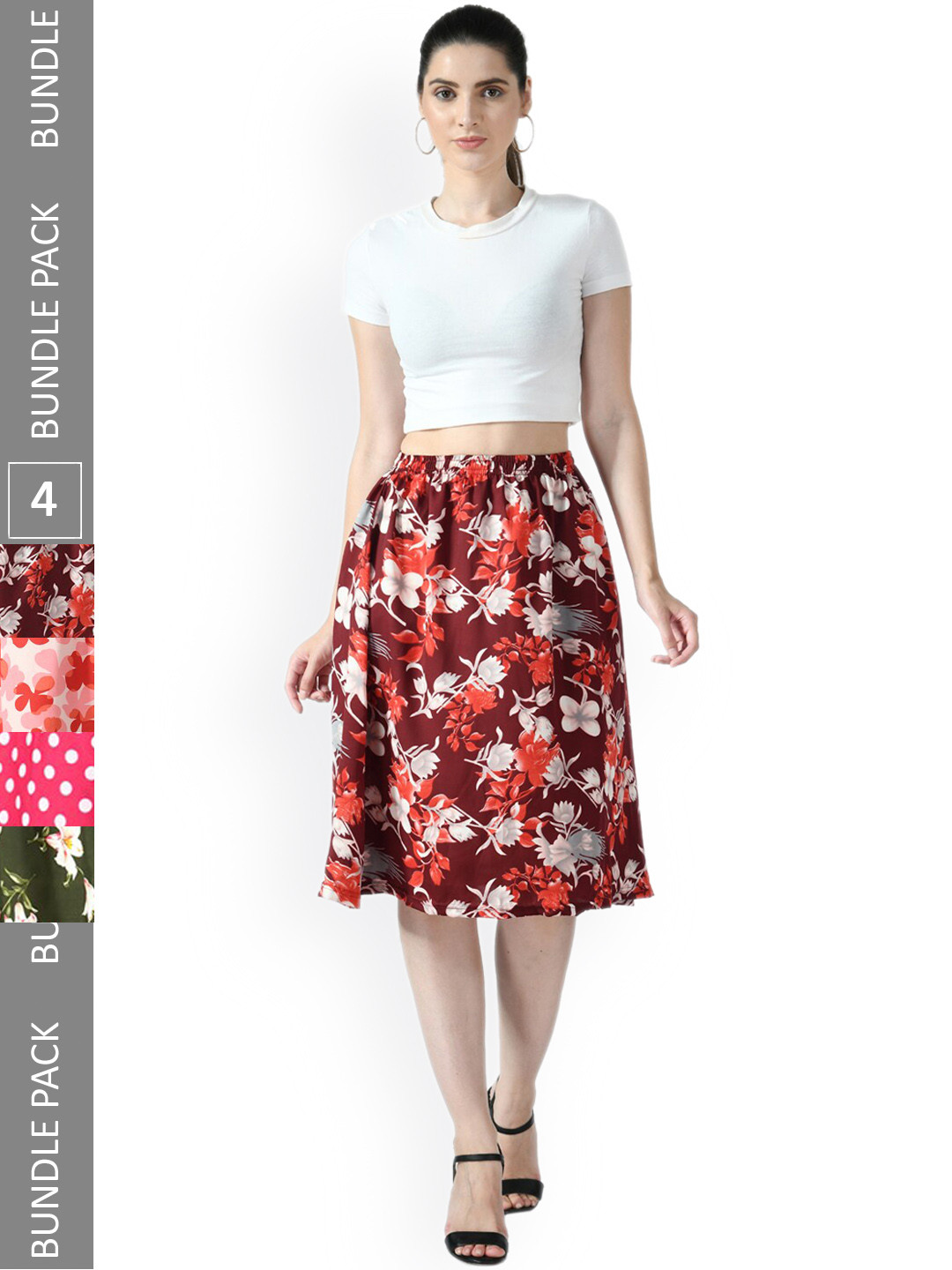 

IndiWeaves Pack of 4 Floral Printed Flared Skirts, Red