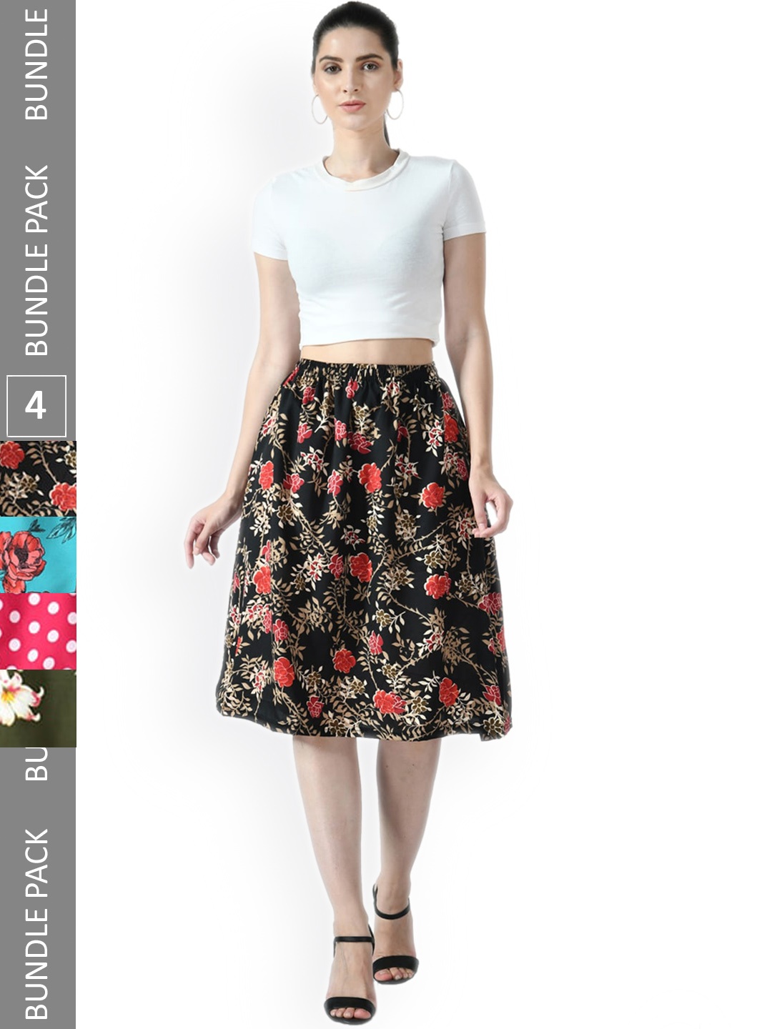 

IndiWeaves Women Pack Of 4 Digital Printed Knee-Length Flared Skirts, Black