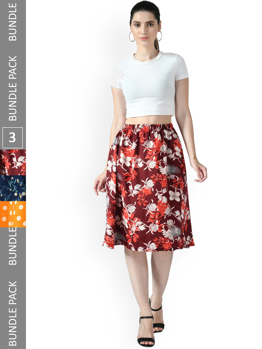 

IndiWeaves Pack Of 3 Floral Printed Knee Length Flared Skirts, Maroon