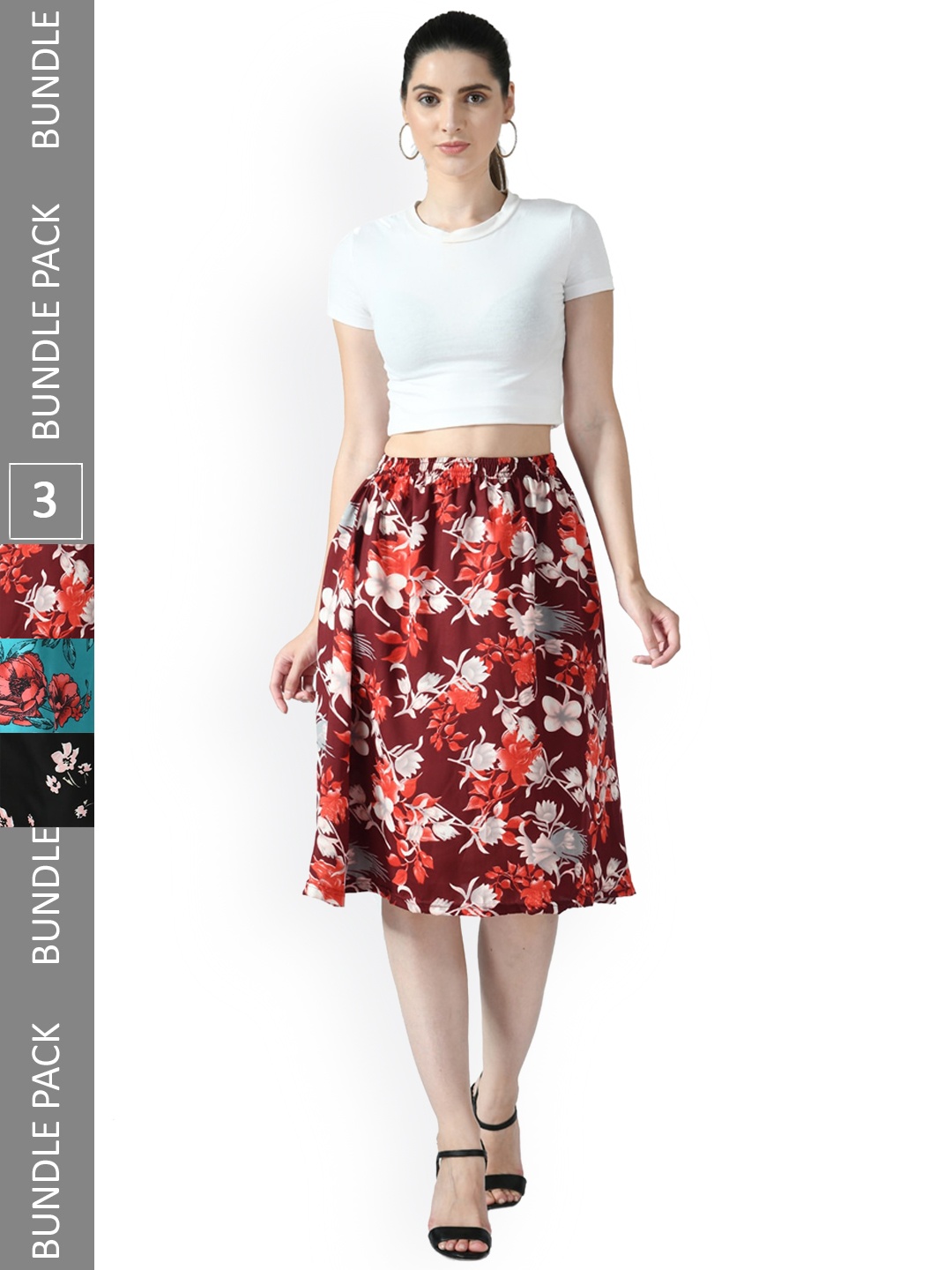 

IndiWeaves Pack Of 3 Floral Printed Knee Length Flared Skirts, Maroon