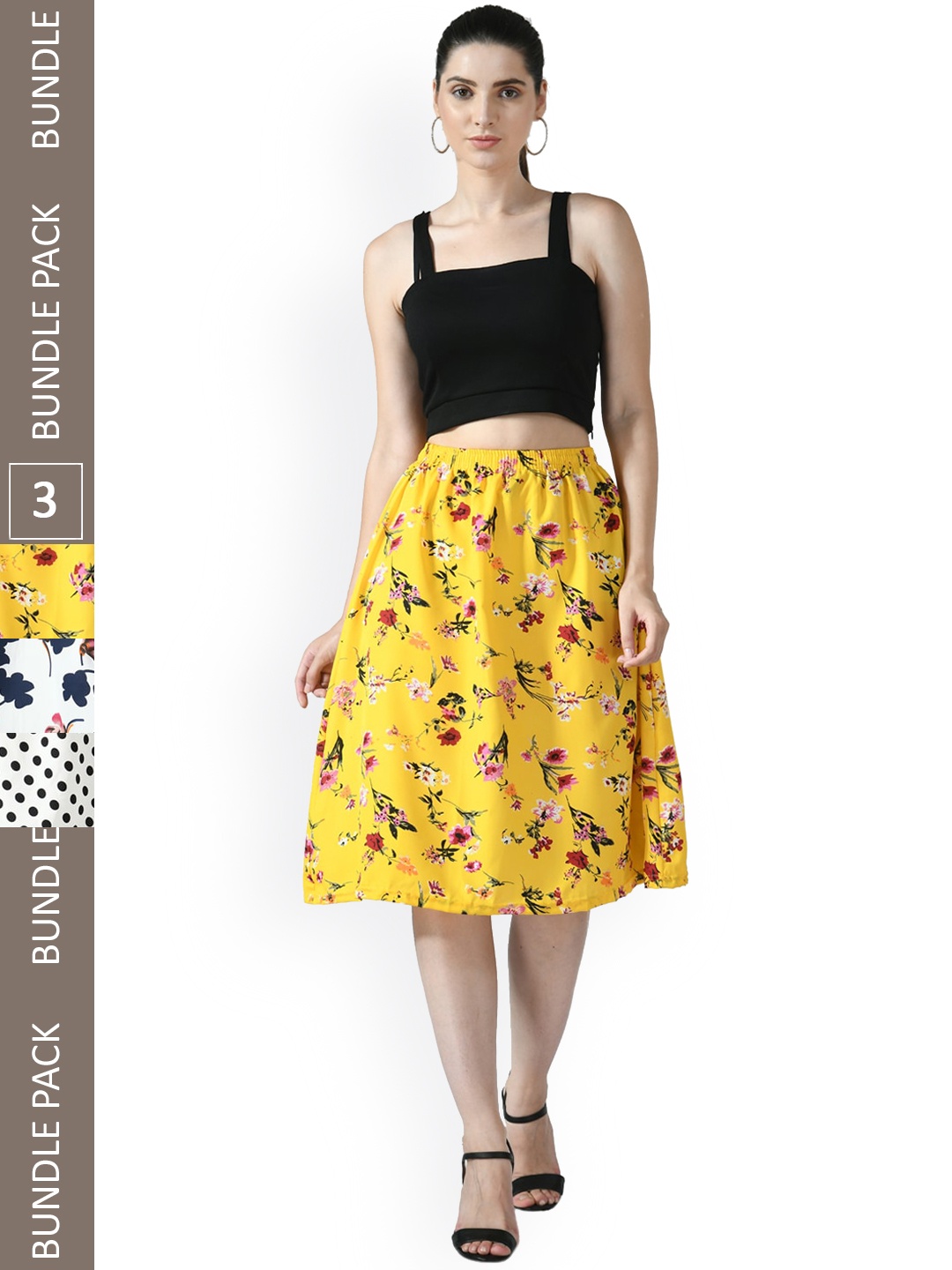 

IndiWeaves Pack Of 3 Printed Flared Midi Skirts, White