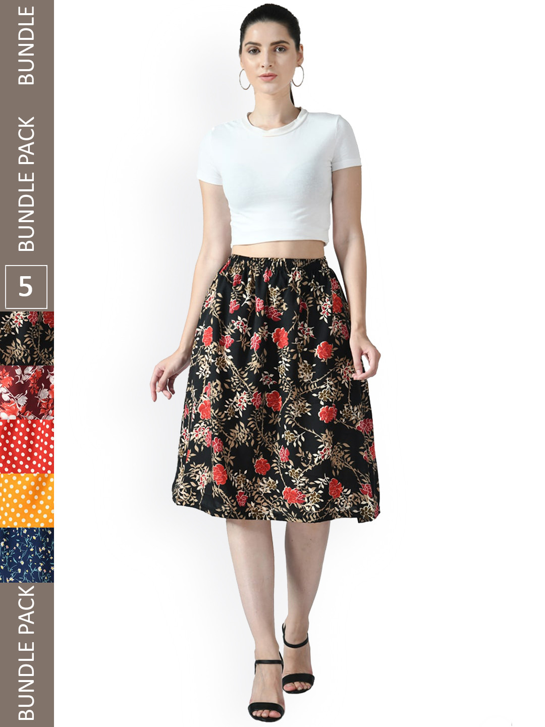 

IndiWeaves Pack Of 5 Printed Flared Midi Skirts, Black