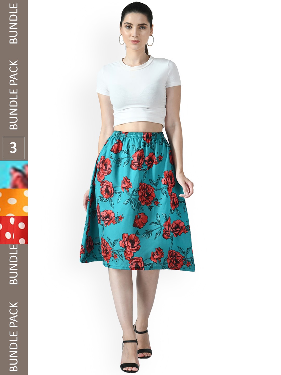 

IndiWeaves Pack Of 3 Printed Flared Midi Skirts, Red