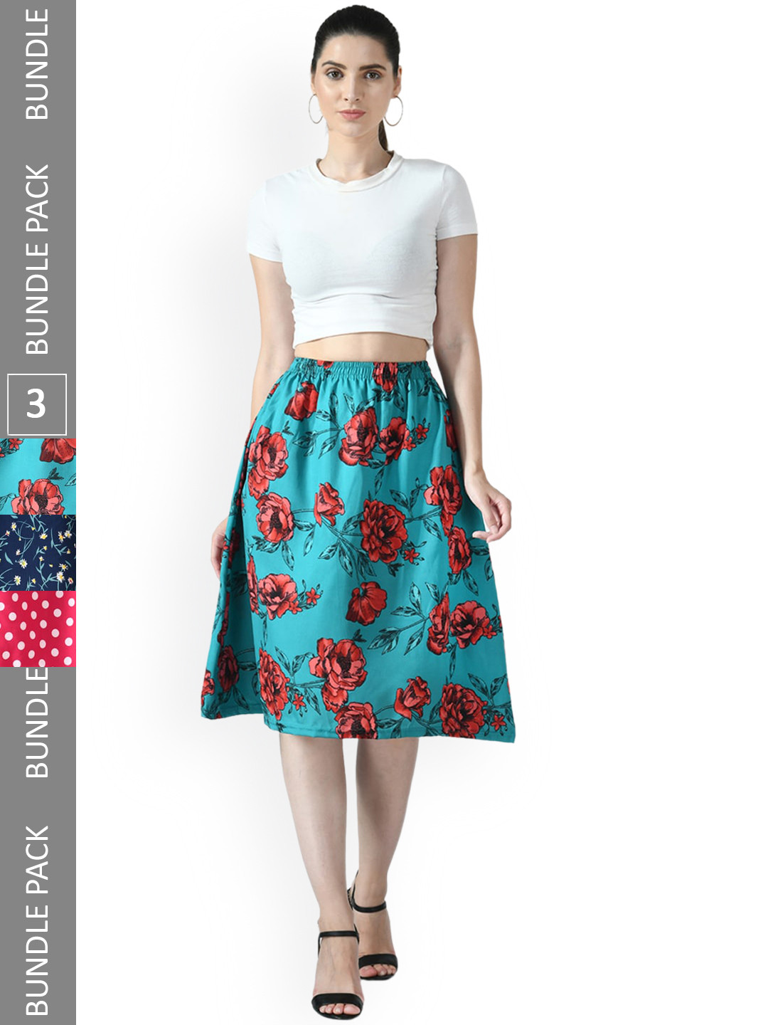 

IndiWeaves Pack Of 3 Printed Flared Midi Skirts, Blue