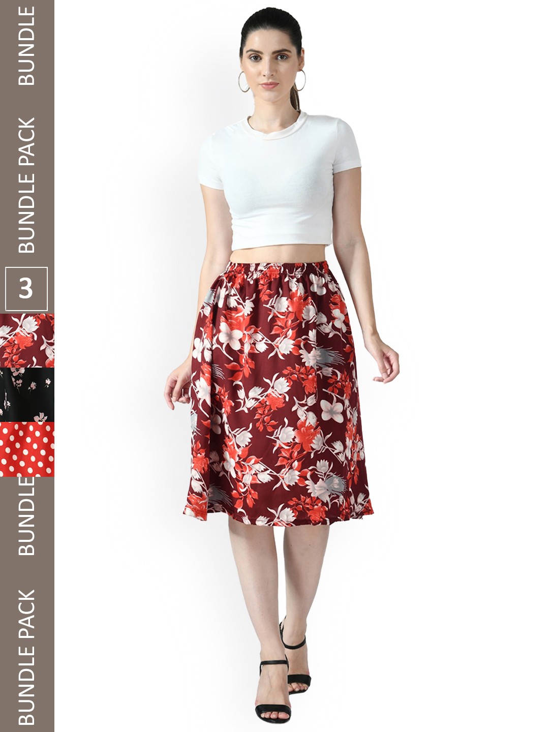 

IndiWeaves Pack Of 3 Printed Flared Midi Skirts, Red