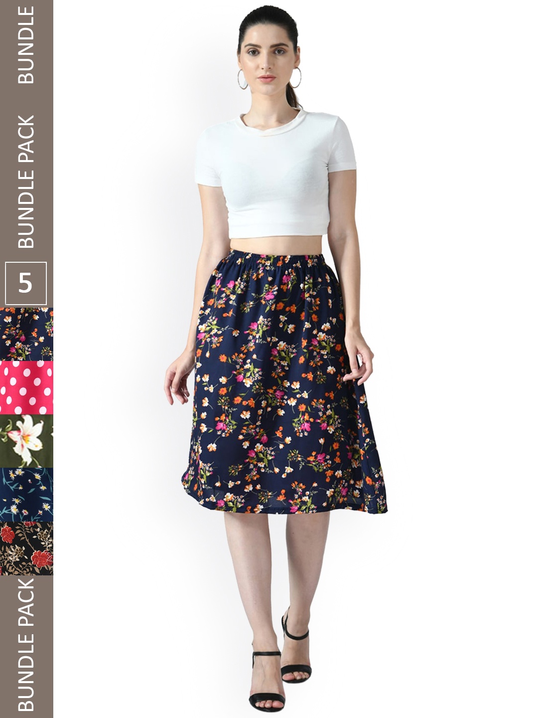 

IndiWeaves Women Pack Of 5 Printed Flared Midi Skirts, Black