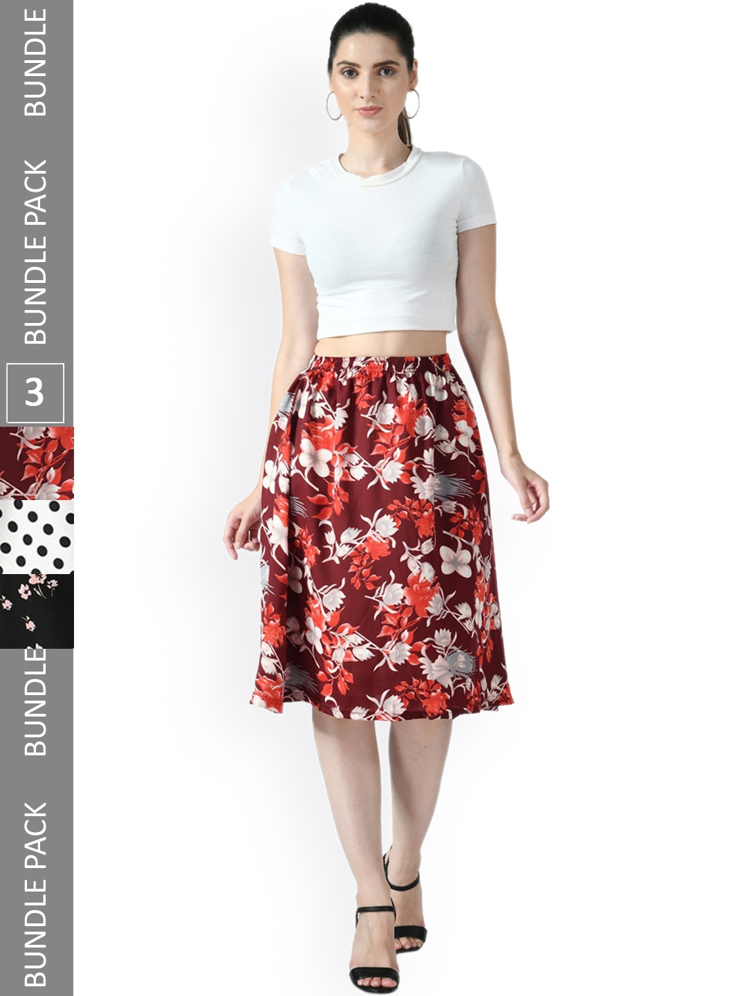

IndiWeaves Women Pack Of 3 Printed Flared Midi Skirts, Black