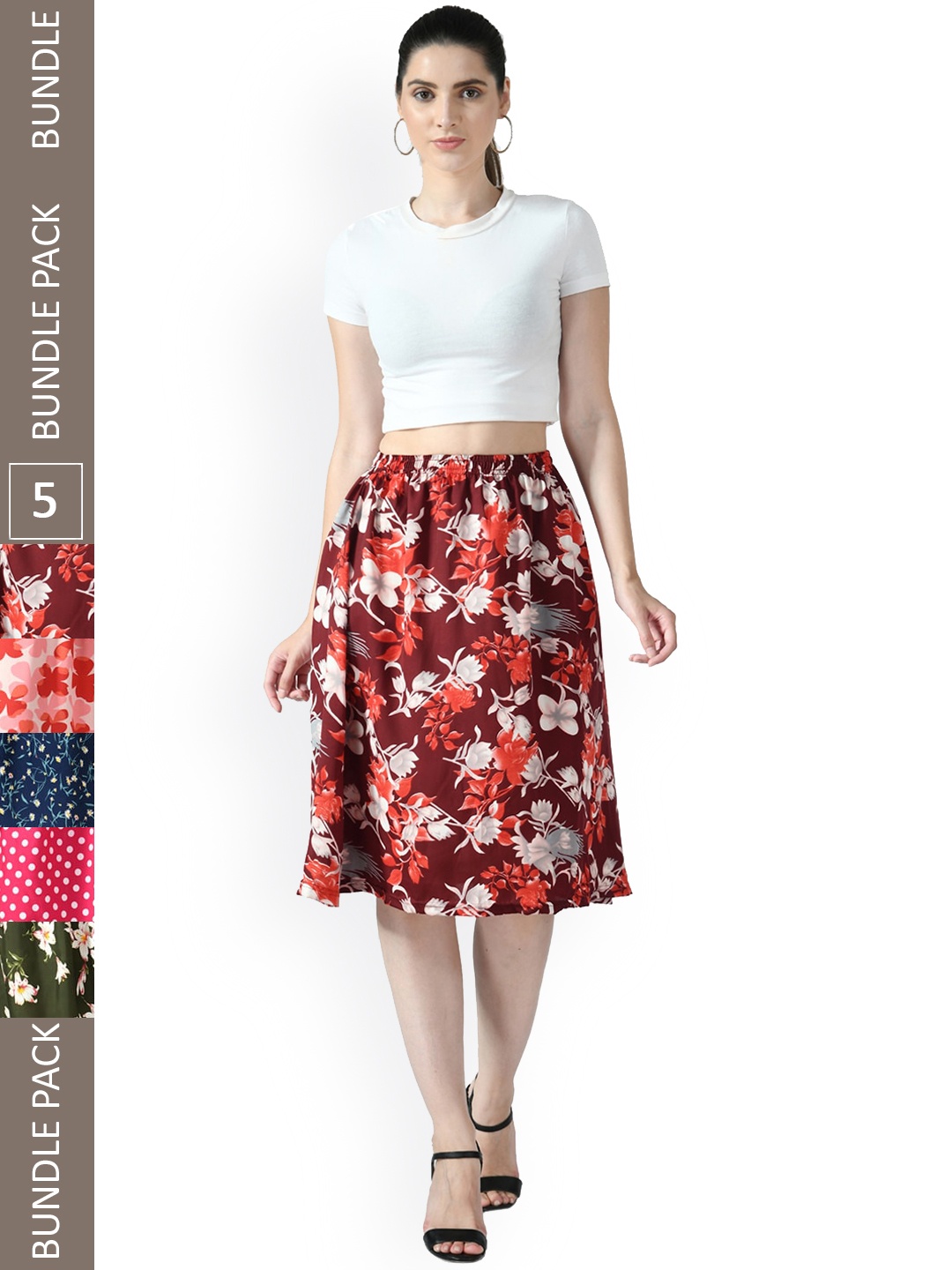 

IndiWeaves Pack of 5 Floral Printed Flared Skirts, Pink
