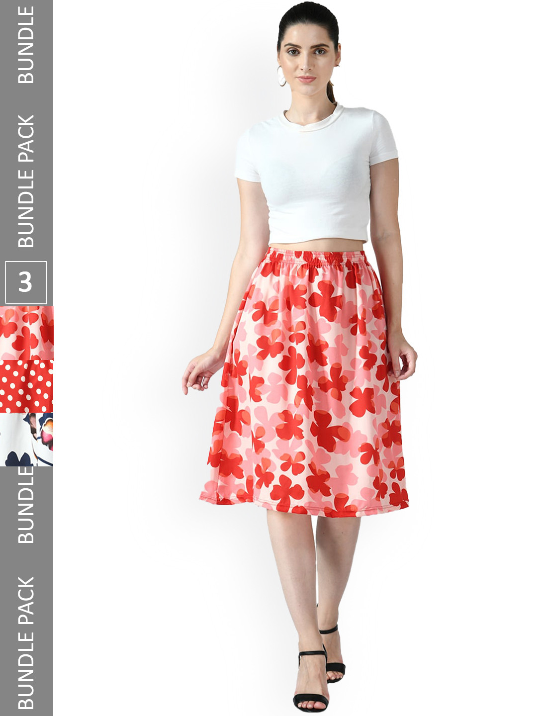

IndiWeaves Pack of 3 Floral Printed Flared Midi Skirts, Red