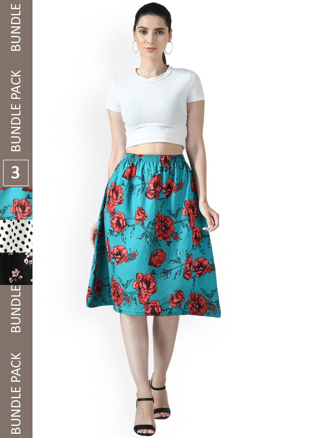 

IndiWeaves Pack of 3 Floral Printed Flared Skirts, Blue