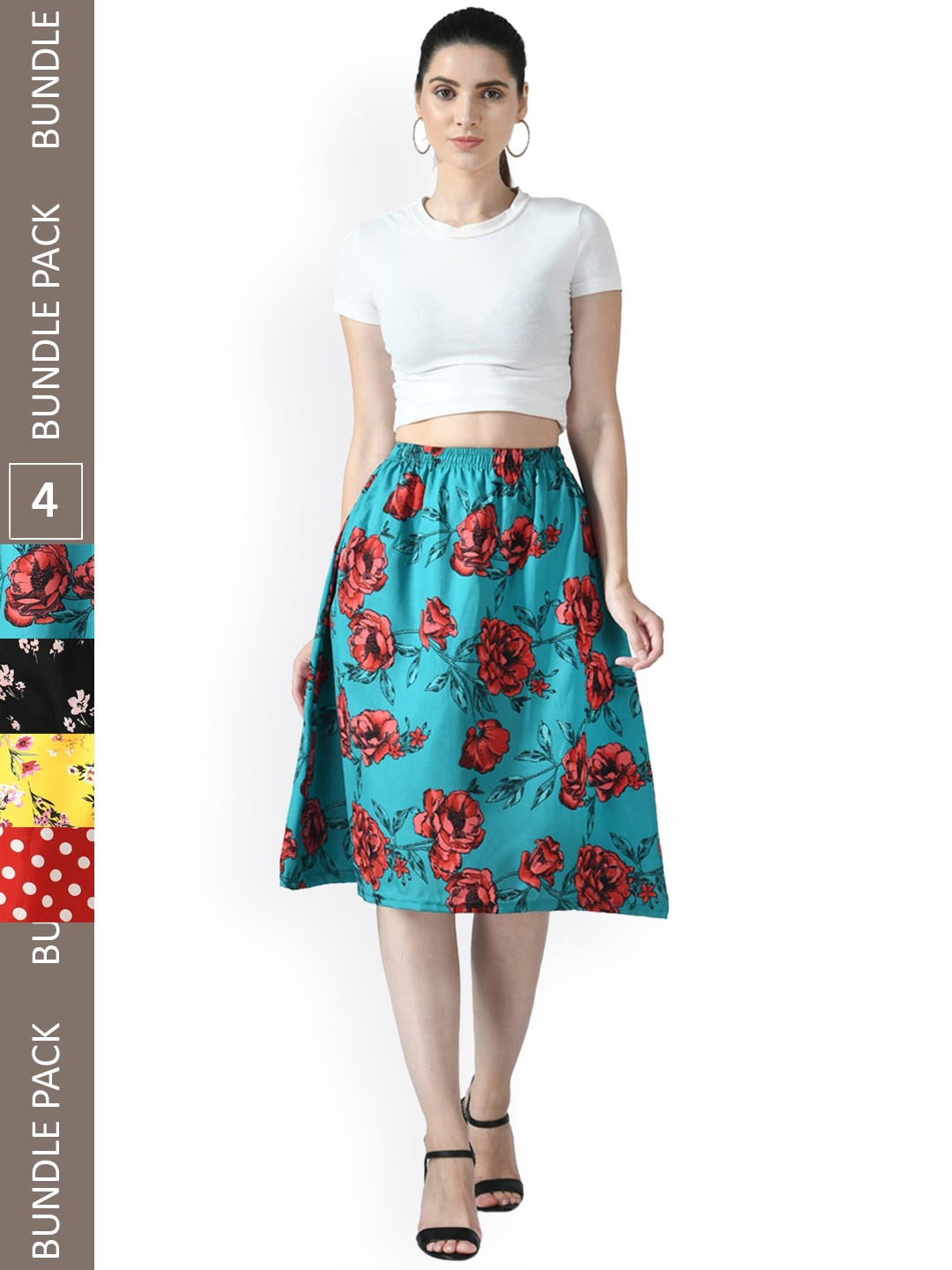 

IndiWeaves Pack of 4 Floral Printed Flared Skirts, Blue