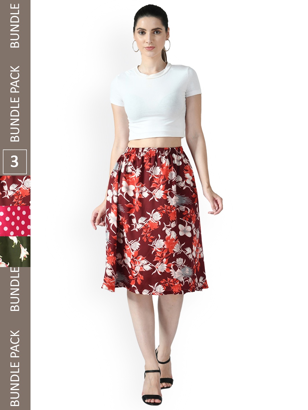 

IndiWeaves Pack of 3 Floral Printed Flared Skirts, Green
