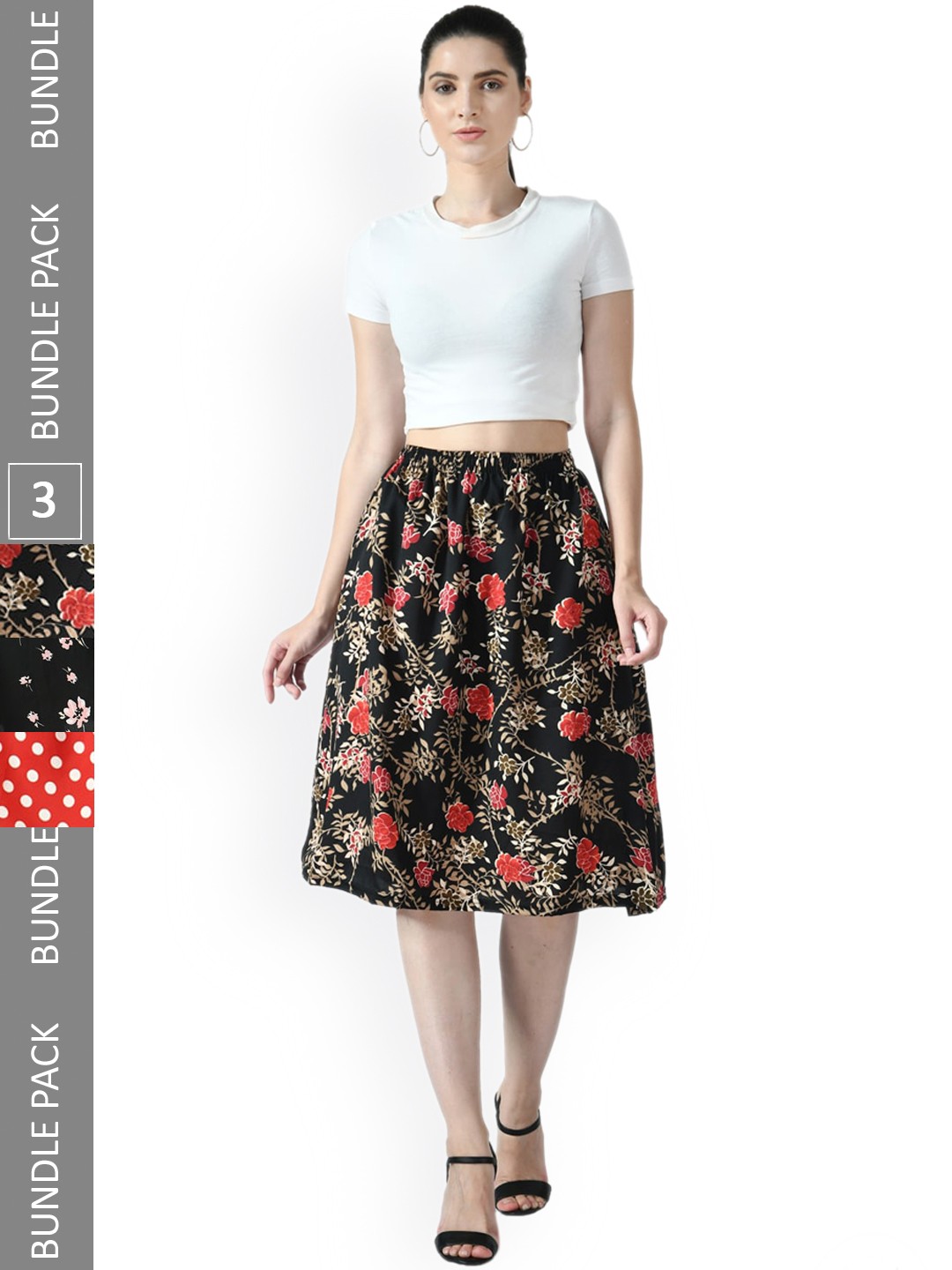 

IndiWeaves Pack Of 3 Floral Printed Midi Flared Skirts, Black