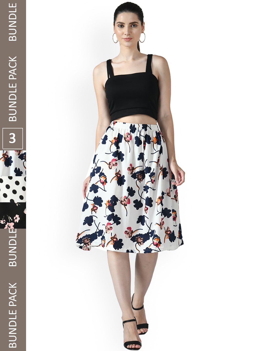 

IndiWeaves Women Pack of 3 Floral Printed Flared Midi Skirts, White