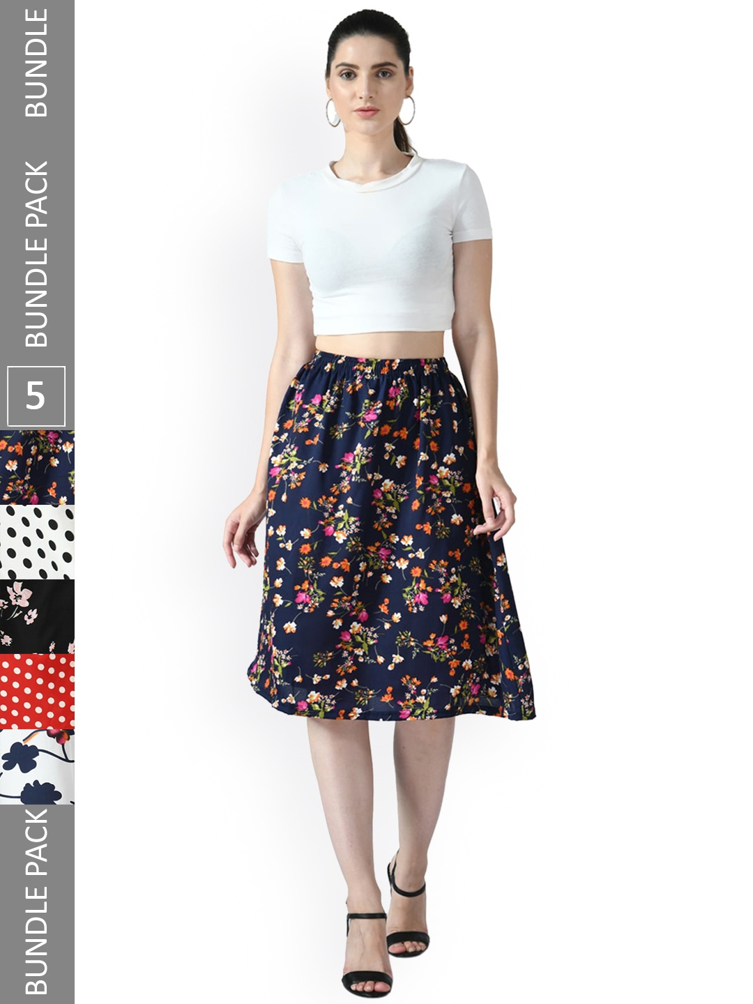 

IndiWeaves Pack of 5 Floral Printed Flared Midi Skirts, Black