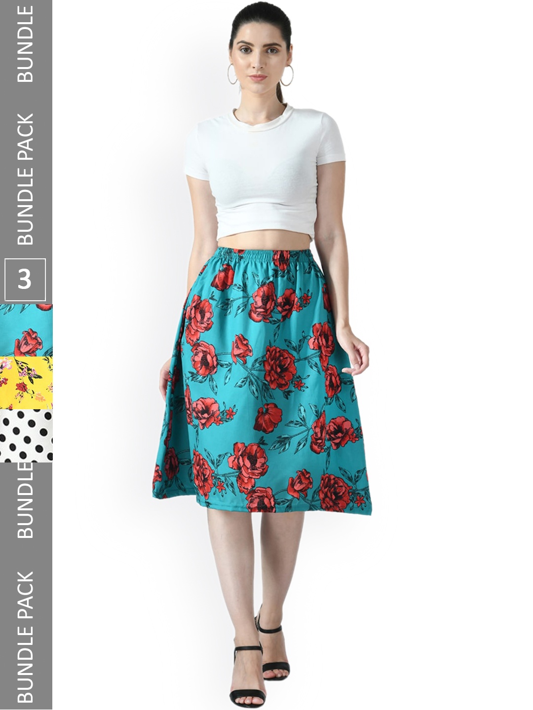 

IndiWeaves Pack of 3 Floral Printed Flared Midi Skirts, Blue