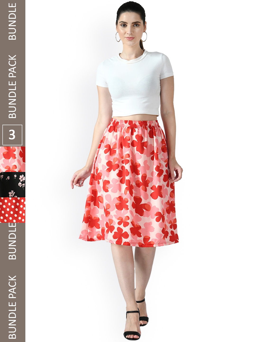 

IndiWeaves Pack of 3 Floral Printed Flared Midi Skirts, Red