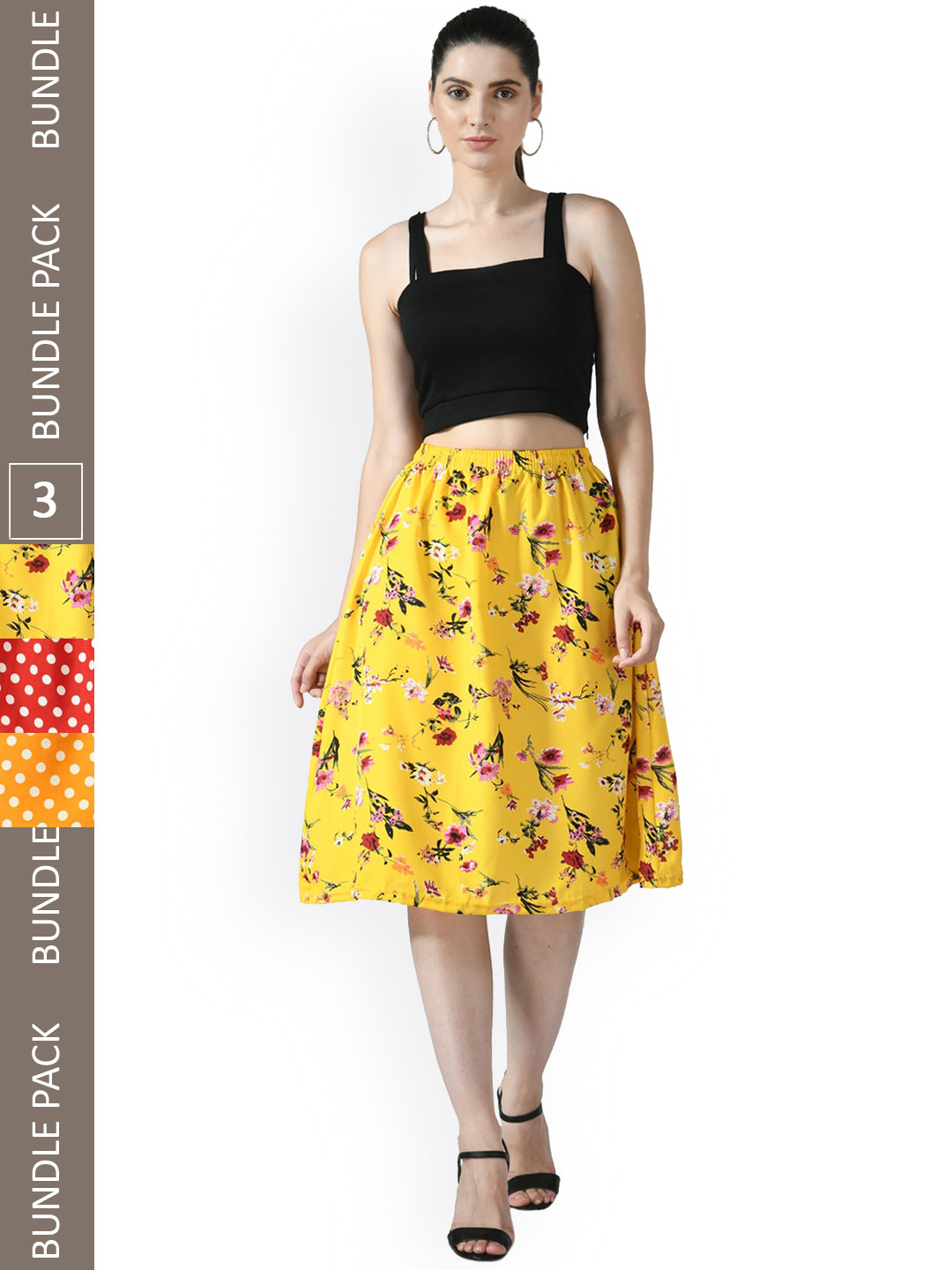 

IndiWeaves Pack of 3 Polka Dots Printed Flared Midi Skirts, Yellow