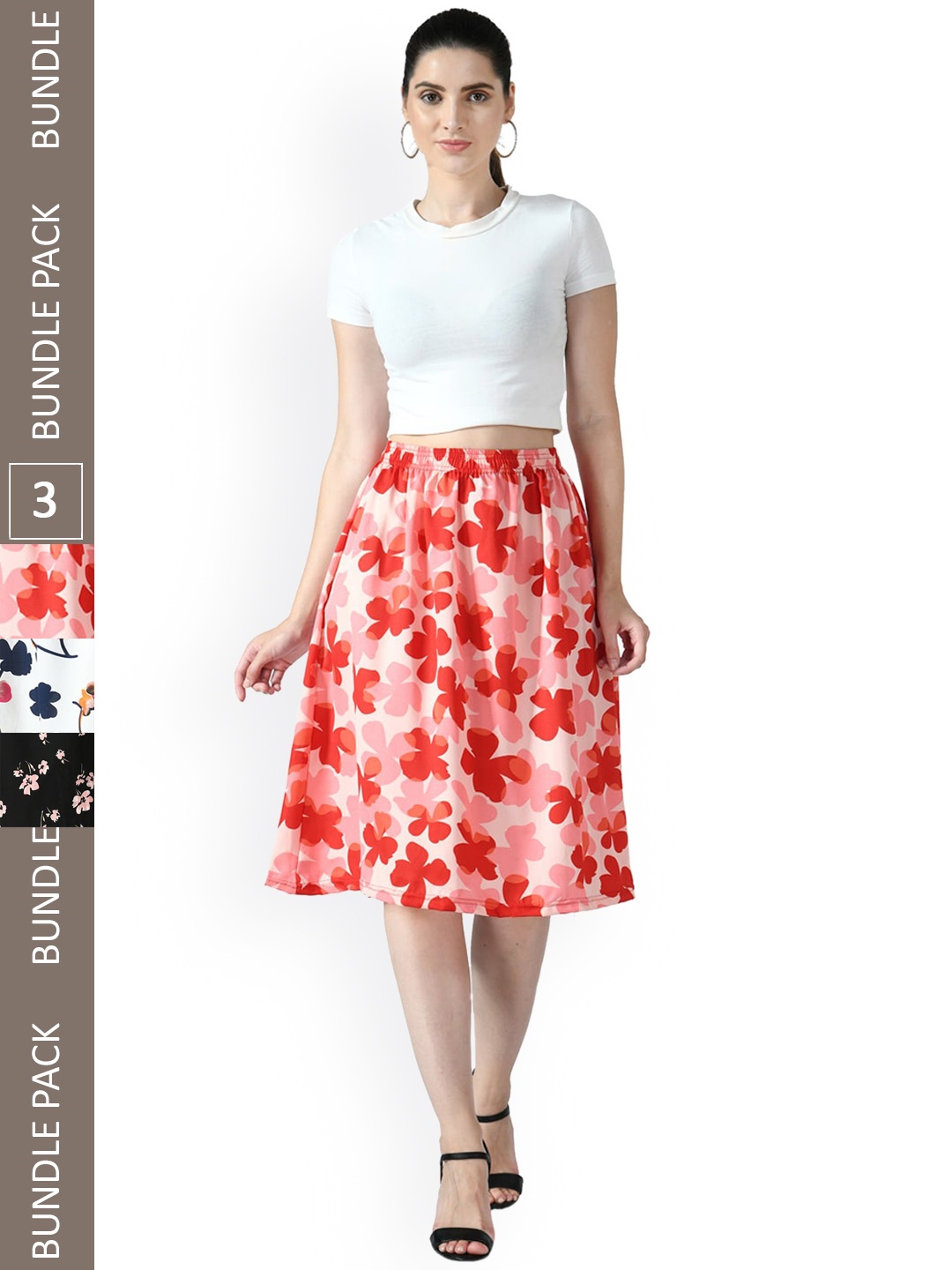 

IndiWeaves Pack of 3 Floral Printed Flared Midi Skirts, Red