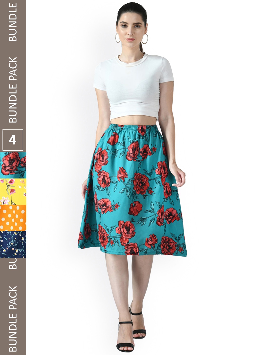 

IndiWeaves Pack of 4 Floral Printed Flared Midi Skirts, Blue