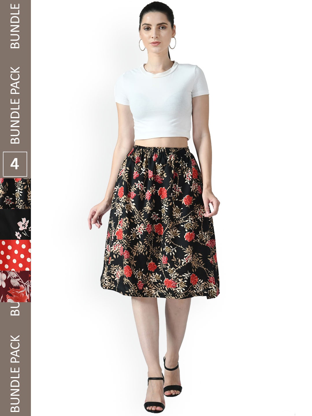 

IndiWeaves Pack of 4 Floral Printed Flared Midi Skirts, Black