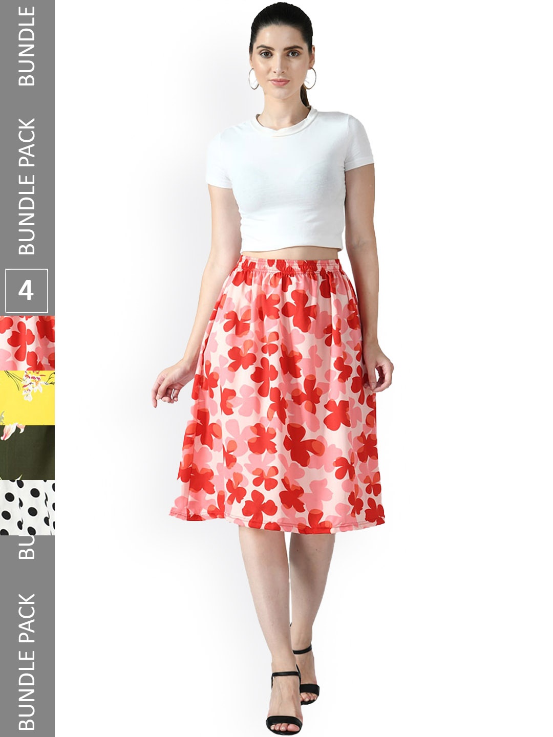 

IndiWeaves Pack of 4 Floral Printed Flared Midi Skirts, Yellow