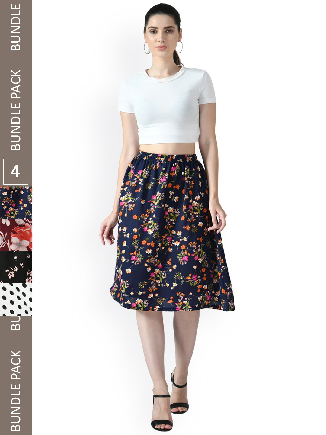 

IndiWeaves Pack of 4 Floral Printed Flared Midi Skirts, Black
