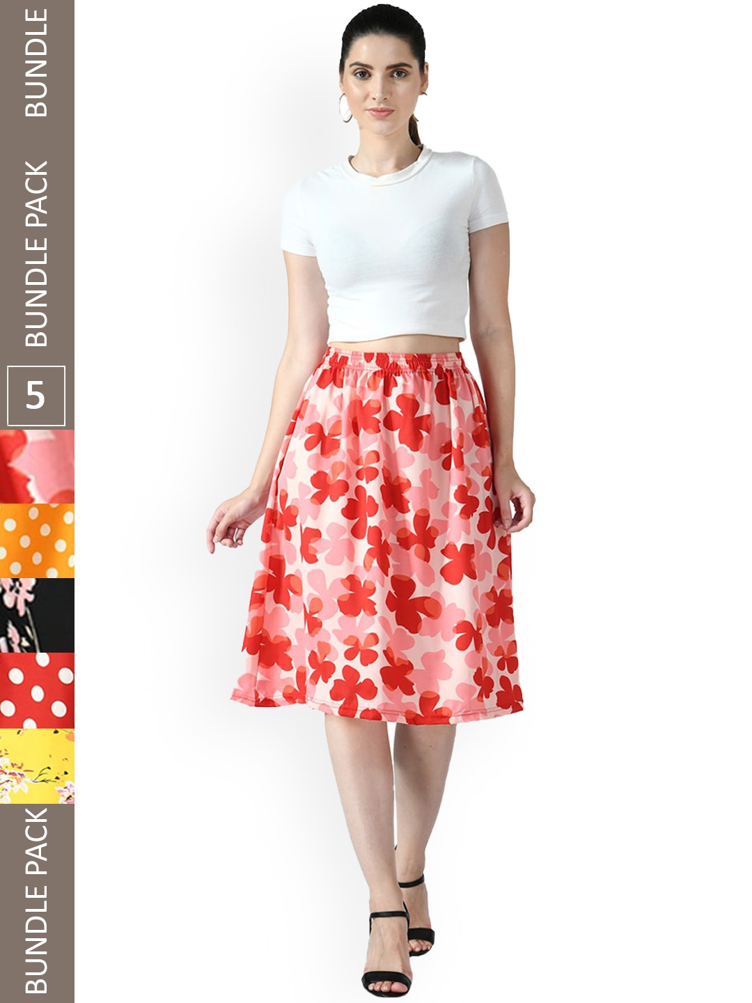 

IndiWeaves Pack of 5 Floral Printed Flared Midi Skirts, Black