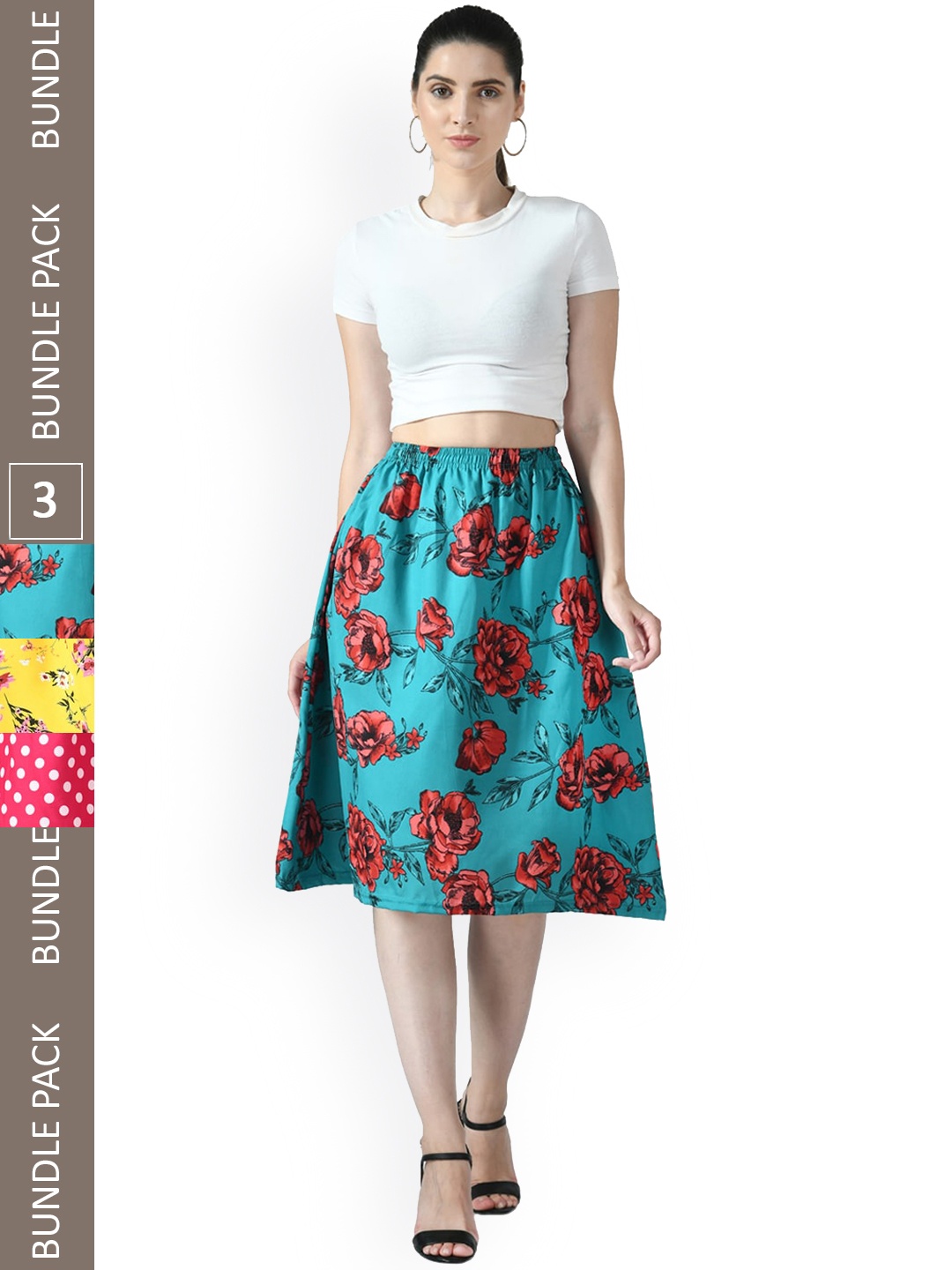 

IndiWeaves Pack of 3 Floral Printed Flared Midi Skirts, Blue