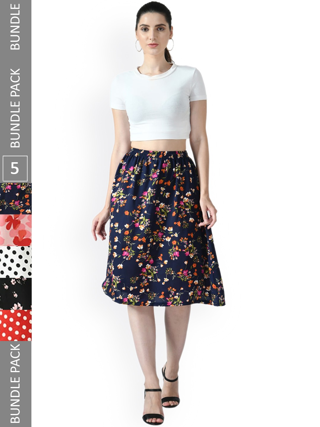 

IndiWeaves Pack of 5 Floral Printed Flared Midi Skirts, Red