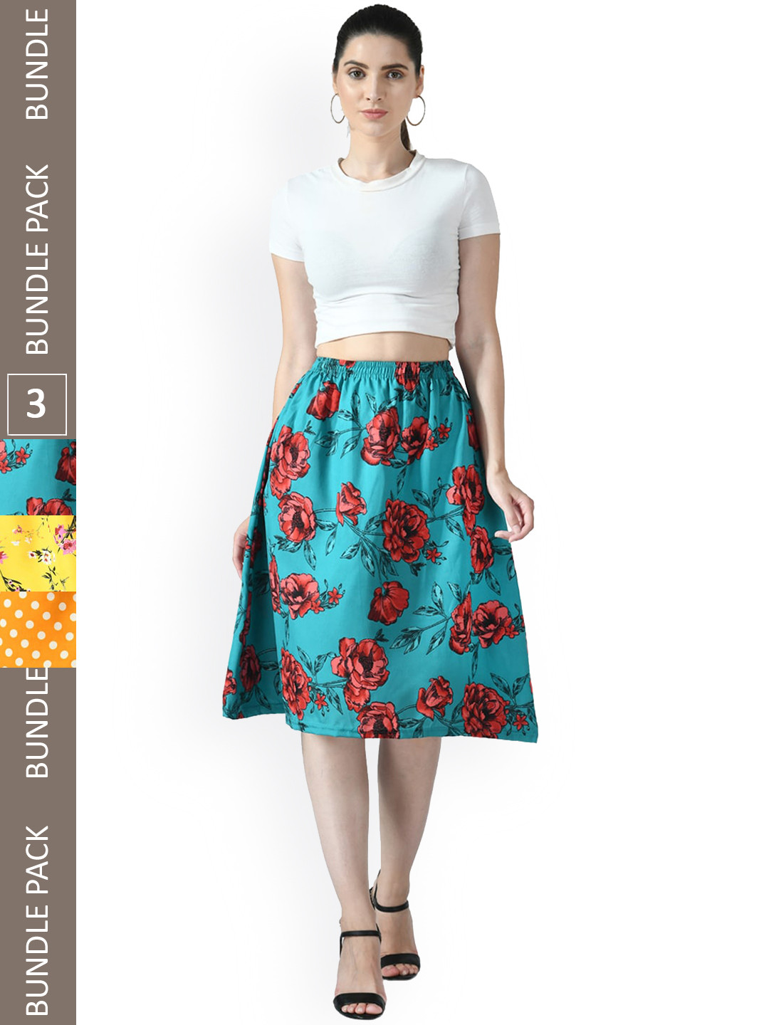 

IndiWeaves Pack of 3 Floral Printed Flared Midi Skirts, Blue