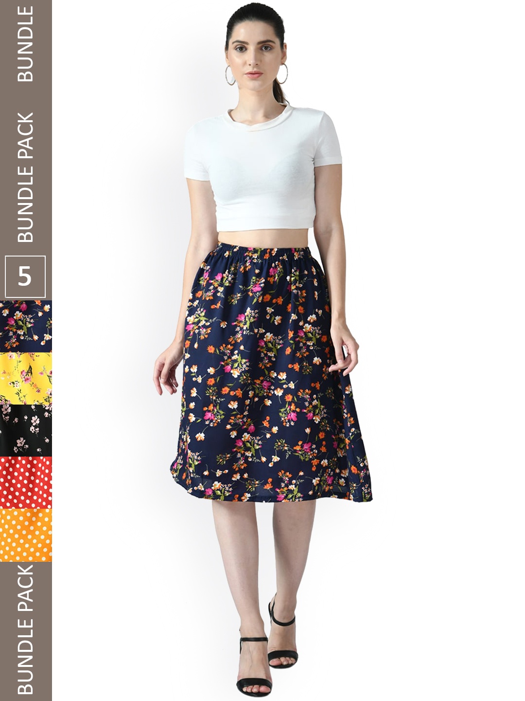 

IndiWeaves Pack of 5 Floral Printed Flared Midi Skirts, Navy blue