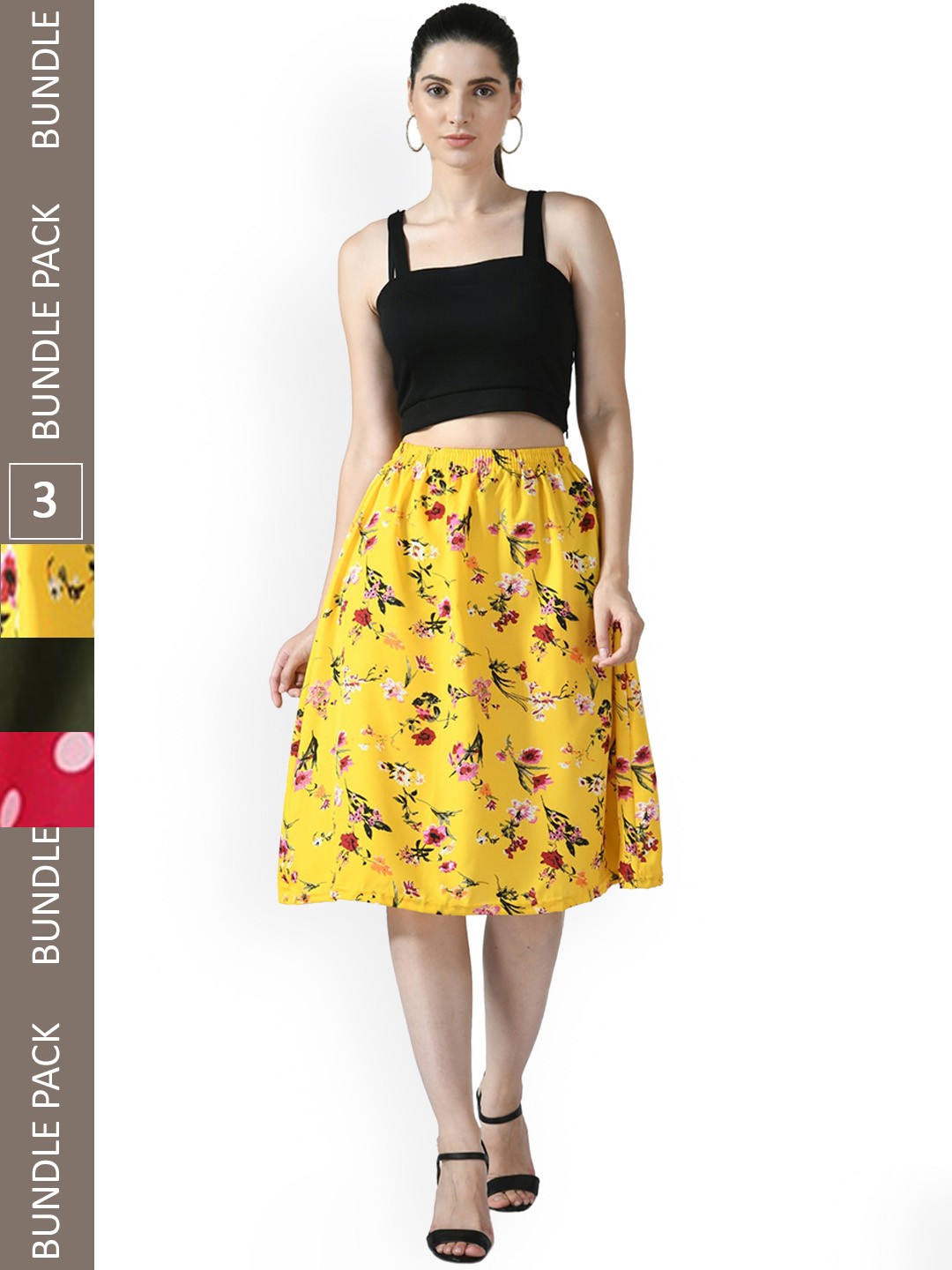

IndiWeaves Pack of 3 Floral Printed Flared Midi Skirts, Pink