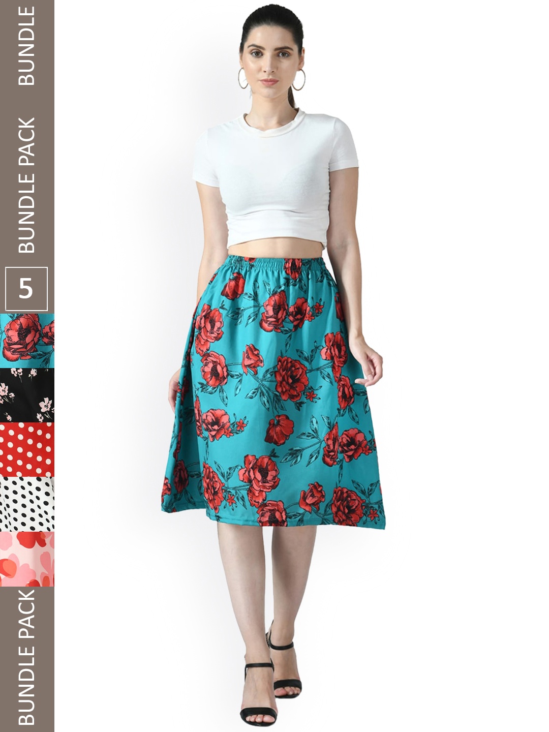 

IndiWeaves Pack Of 5 Floral Printed Flared Midi Skirts, Black