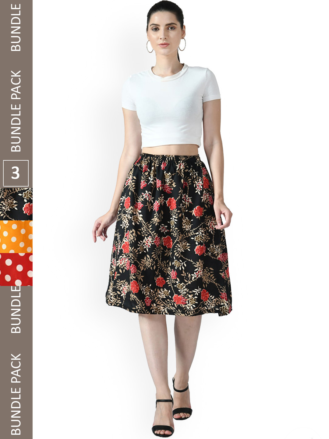 

IndiWeaves Women Pack of 3 Floral Printed Flared Midi Skirts, Black