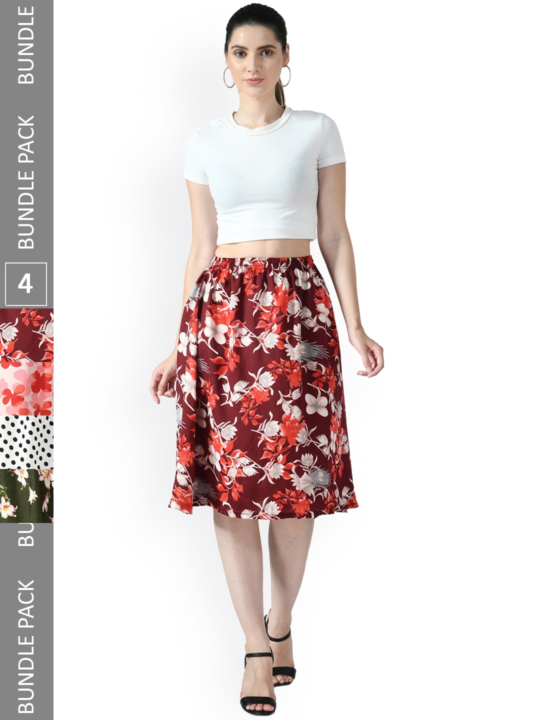 

IndiWeaves Pack of 4 Floral Printed Flared Midi Skirts, Maroon