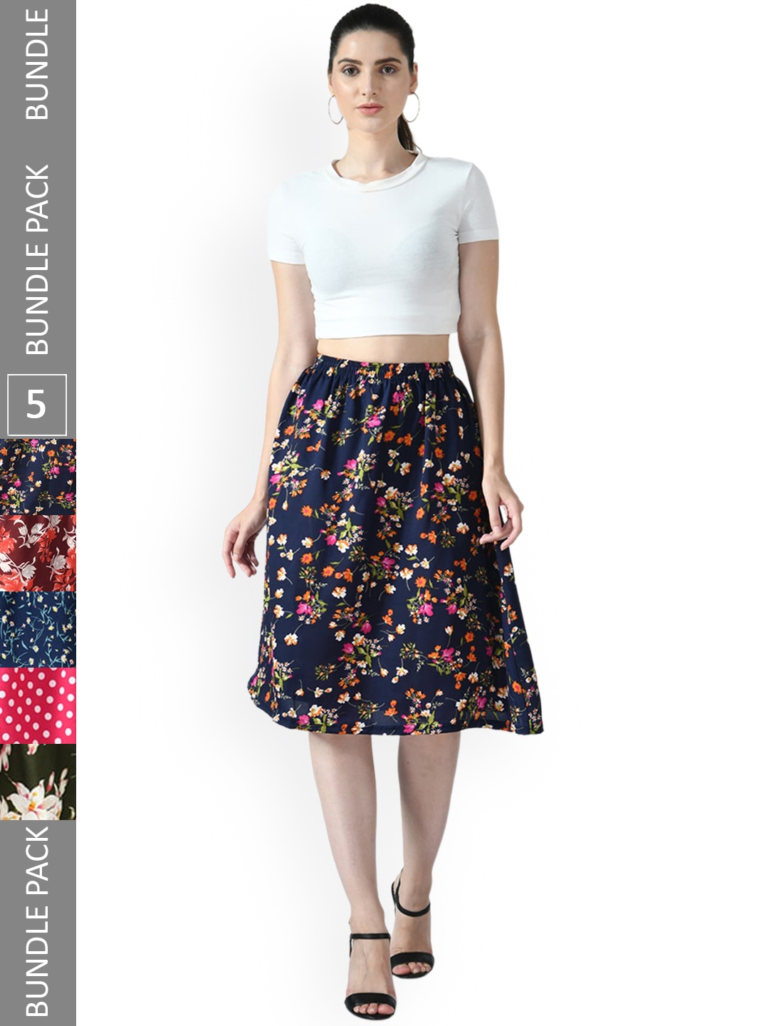 

IndiWeaves Pack of 5 Floral Printed Flared Midi Skirts, Navy blue