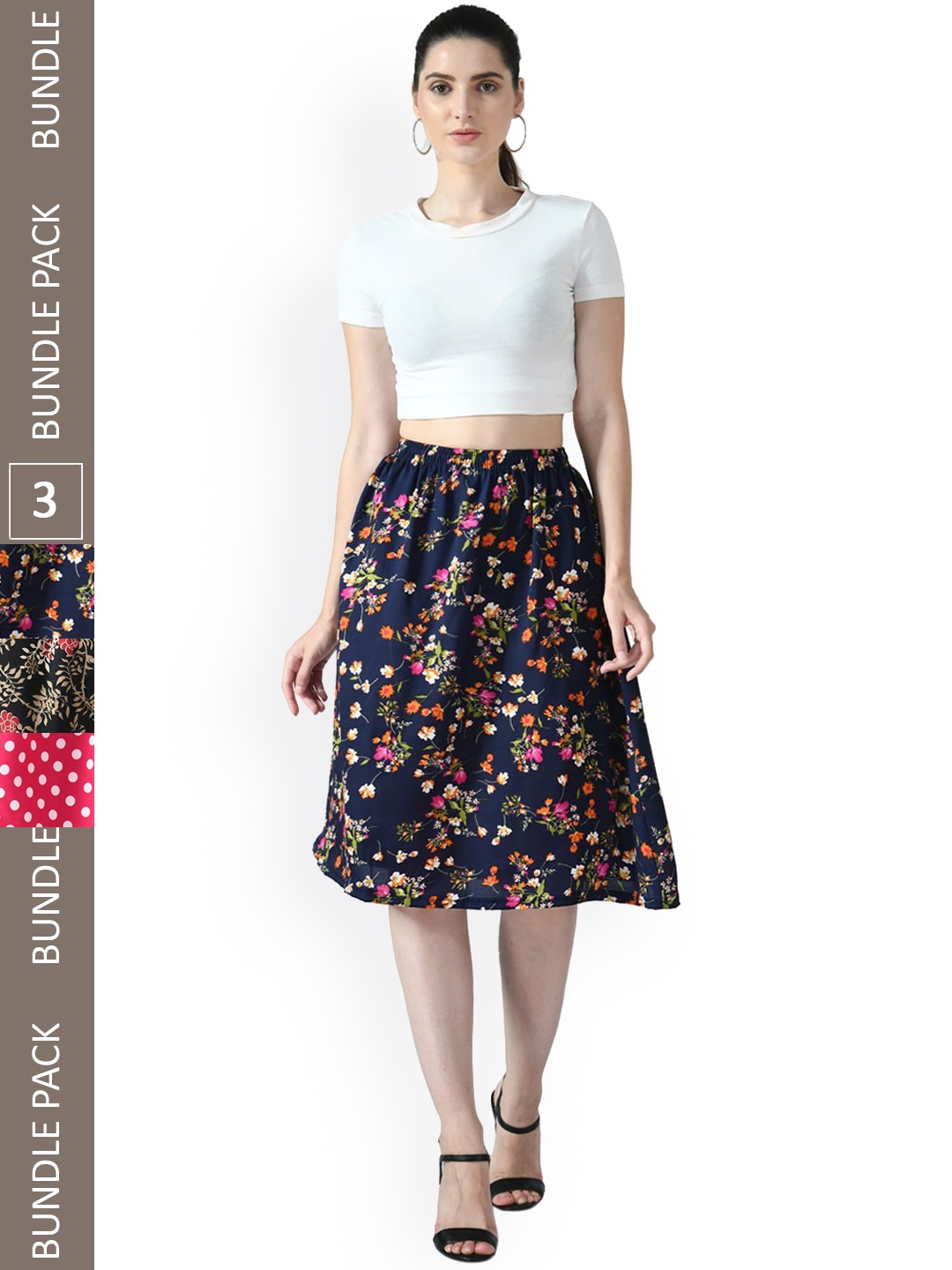 

IndiWeaves Pack Of 3 Printed Flared Midi Skirts, Red