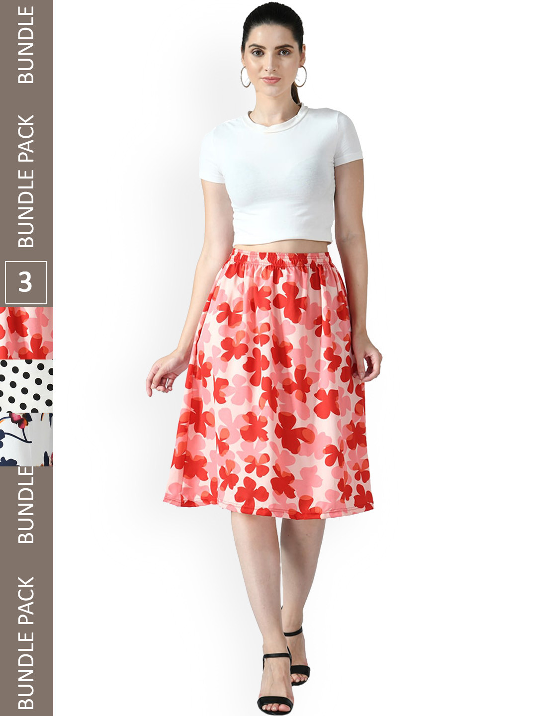 

IndiWeaves Pack Of 3 Printed Flared Midi Skirts, White