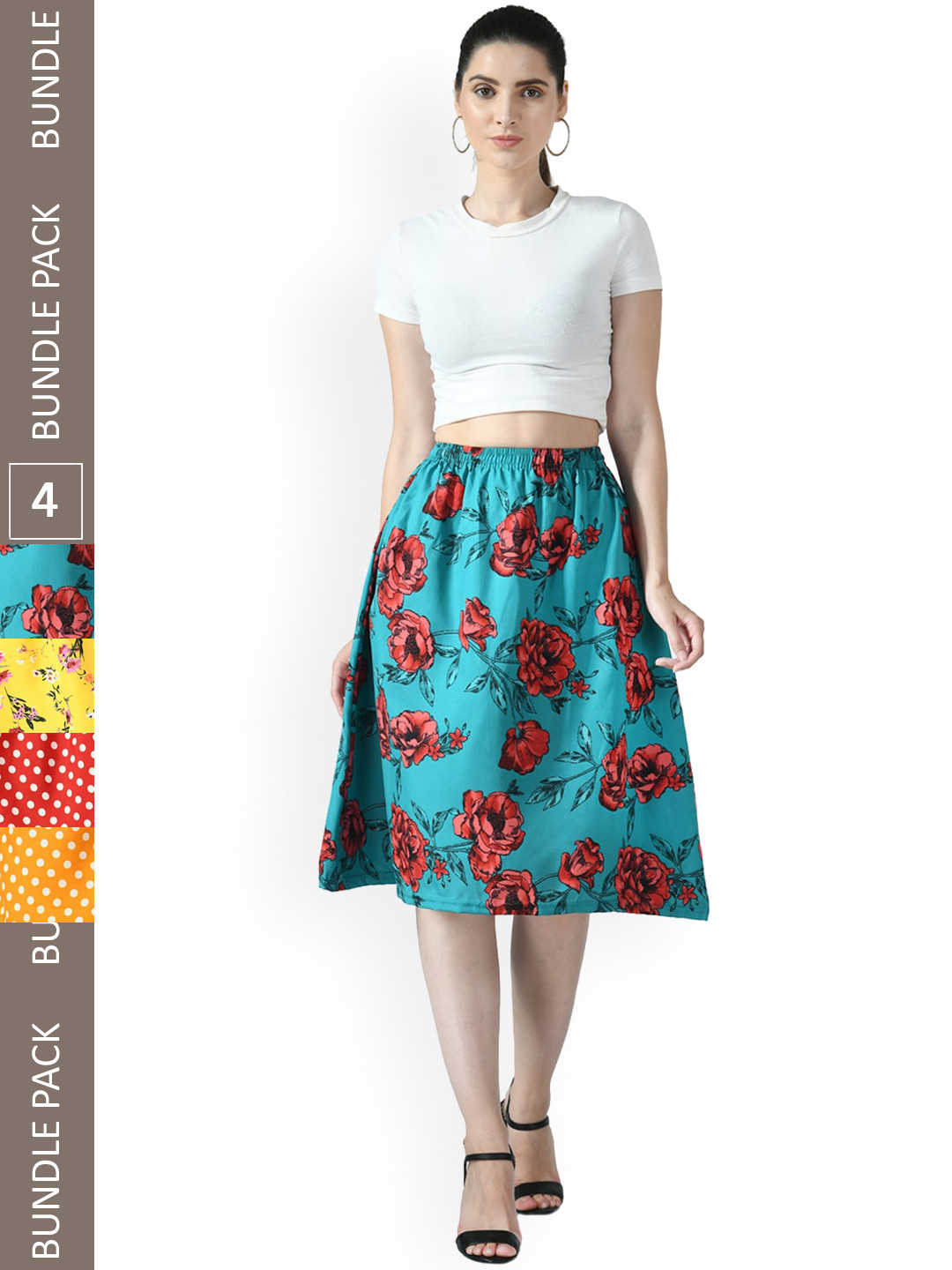 

IndiWeaves Pack Of 4 Printed Flared Midi Skirts, Red