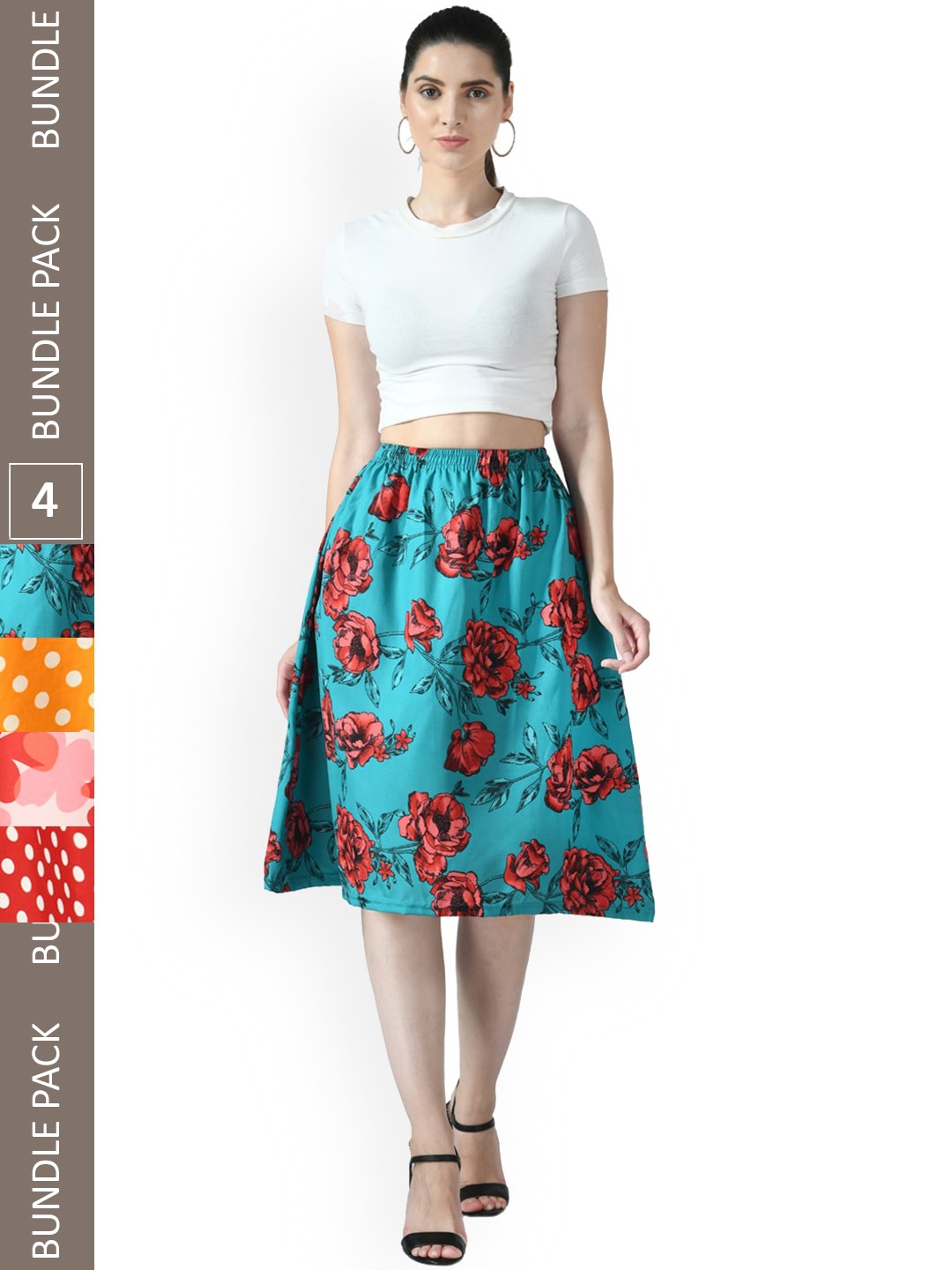 

IndiWeaves Pack Of 4 Printed Flared Midi Skirts, Orange