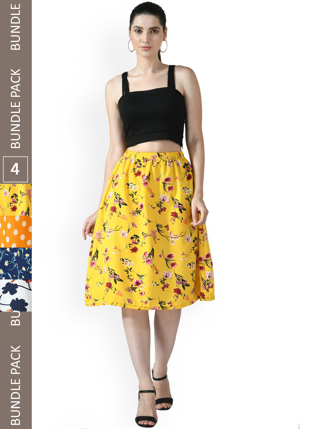 

IndiWeaves Pack Of 4 Printed Flared Midi Skirts, Orange