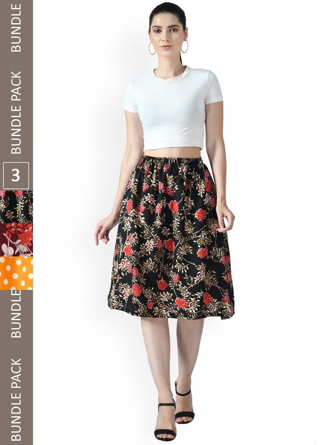

IndiWeaves Pack Of 3 Printed Flared Midi Skirts, Orange