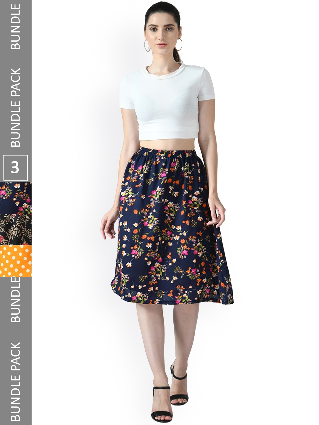 

IndiWeaves Pack Of 3 Floral Printed Midi Straight Skirts, Black