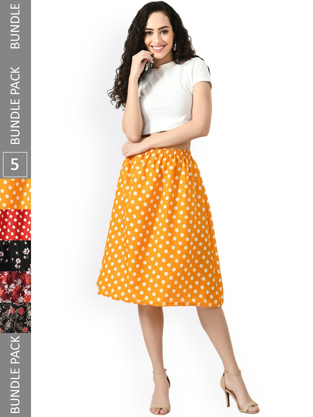 

IndiWeaves Pack Of 5 Printed Flared Midi Skirts, Orange